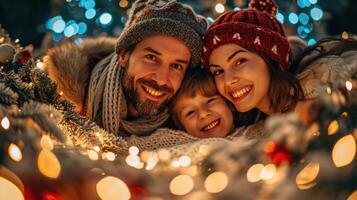 AI generated Vibrant family celebration, gleeful faces wrapped in holiday lights and decorations photo