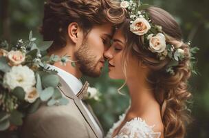ai generado casado parejas poniendo flores en su cabeza y besos en el parque foto