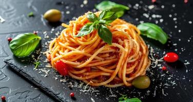 AI generated some spaghetti on a plate on a dark background photo