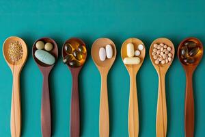 AI generated Top view Assorted pharmaceutical medicine pills, vitamins, tablets, capsules in wooden spoons photo
