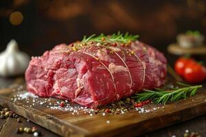 AI generated Raw rib eye steak of beef on wooden Board with seasonings and rosemary prepared for grill photo