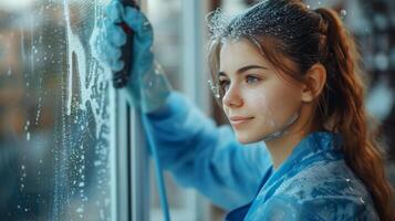 ai generado un joven hermosa niña en un azul mono lavados un ventana foto