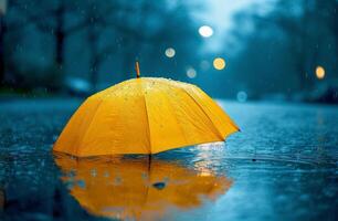 ai generado un amarillo paraguas es sentado en lluvia foto