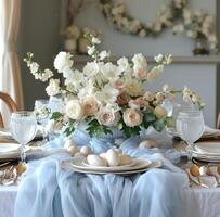 AI generated easter table setting with blue and white table cloths and centerpieces photo