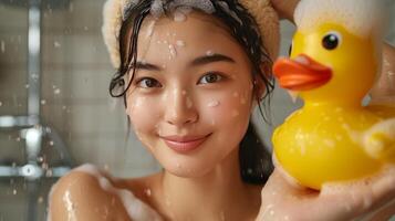 AI generated Young beautiful Asian woman washes her hair in the shower photo