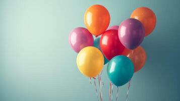 AI generated An unadorned background featuring a simple frame and a cascade of colorful, helium-filled balloons photo