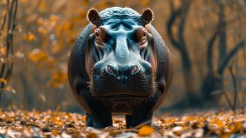 AI generated Imposing Hippopotamus Staring Amidst Autumn Leaves photo