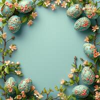 AI generated easter eggs with flowers and branches on dark blue background, photo