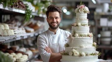 ai generado joven hermoso Pastelería cocinero hornea un Boda tres niveles blanco pastel con flores en un panadería foto