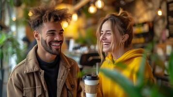 ai generado joven hombre trayendo café a su Novia en un café foto