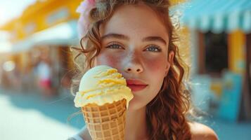 ai generado el hermosa niña tiene un grande amarillo hielo crema foto