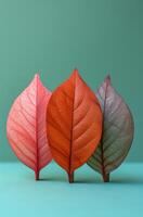 AI generated three wooden leaves are in front of a green background photo