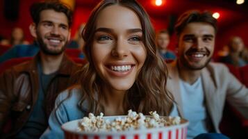 ai generado hermosa joven Pareja sentado en un cine con un grande Cubeta de palomitas de maiz foto