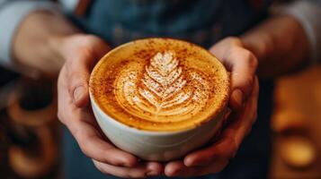 AI generated A young handsome barista in a coffee shop makes a beautiful cappuccino with a pattern of a leaf shape photo