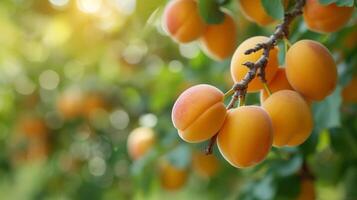 AI generated Beautiful juicy ripe apricot hang on a branch in the summer garden photo