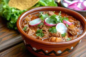 AI generated Mexican red pozole rojo soup with pork and vegetables photo