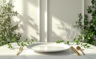 AI generated place setting with some green leave branches photo