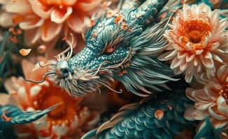 AI generated color dragon with flowers photo