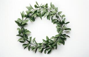 AI generated a wreath of green leaves is placed up on a white surface photo