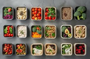 ai generado un selección de sano comida en el cajas foto