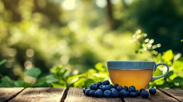 AI generated a cup of green tea next to blueberry on a wooden table. blurred background of summer garden from behind photo