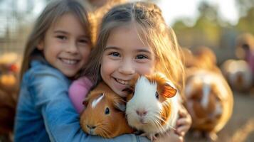 AI generated A girl with her parents in a pen with guinea pigs at the zoo photo