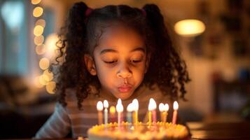 ai generado un joven niña golpes fuera el velas en su cumpleaños pastel foto