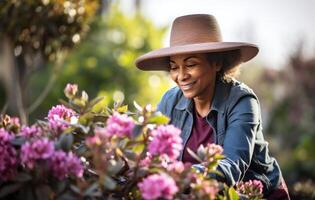 ai generado un mujer es vistiendo un sombrero mientras haciendo jardinería foto