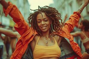 ai generado un africano americano mujer bailes en el calle con otros en brillante foto
