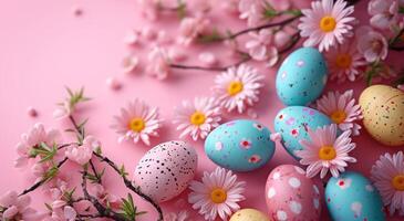 ai generado vistoso Pascua de Resurrección decoraciones en un rosado antecedentes foto