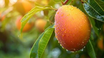 ai generado hermosa jugoso maduro mango colgar en un rama en el verano jardín foto