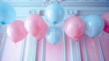 AI generated An elegant party scene featuring a simple frame and a ceiling filled with pastel balloons photo