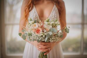 AI generated flower bouquet and wedding gown photo