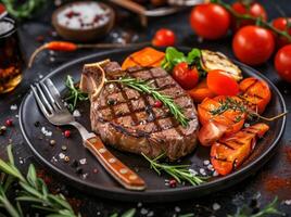 AI generated a steak in a plate with vegetables, cutlery, and sauce photo