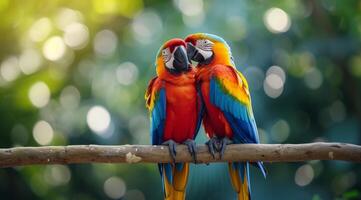 AI generated two colorful parrots are sitting together on a branch photo