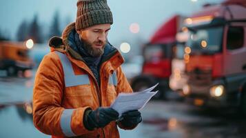 ai generado un transporte gerente revisando un Lista de Verificación en un estacionamiento lote foto