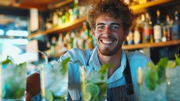 ai generado joven hermoso barman preparando mojito a verano playa bar foto