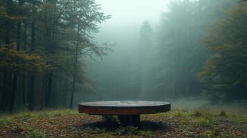 ai generado un solitario de madera podio rodeado por un tranquilo, brumoso bosque claro foto