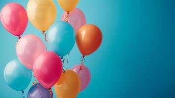 AI generated An unadorned background featuring a simple frame and a cascade of colorful, helium-filled balloons photo