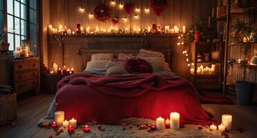 AI generated valentine's day bedroom full of candles and heart decorations photo