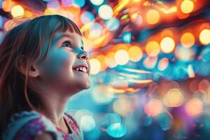 AI generated little girl expressing excitement on colorful carousel, merry go round, having fun at amusement park photo