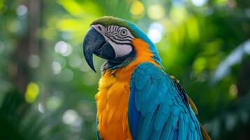 ai generado vibrante guacamayo loro en tropical rama foto