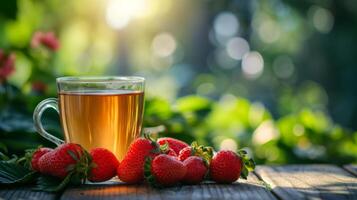 AI generated a cup of green tea next to strawberries on a wooden table. blurred background of summer garden from behind photo