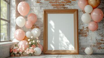 ai generado un sereno celebracion preparar con un de madera marco y racimos de delicado, pastel globos foto