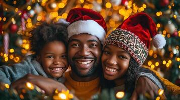 AI generated Vibrant family celebration, gleeful faces wrapped in holiday lights and decorations photo