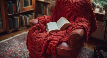 AI generated chair with red blanket and book photo