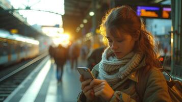 AI generated Texting on Her Smartphone at the Train Station photo