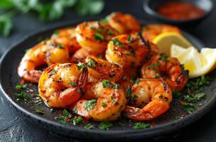 AI generated grilled shrimp on a black plate with lemon wedges photo