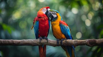 AI generated two colorful parrots are sitting together on a branch photo