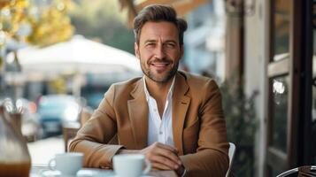 ai generado elegante hombre que se discute ideas terminado café, fusionando estilo con al aire libre colaboración foto